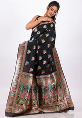 Black Baluchari with Golden Zari Work Silk Saree with Blouse Piece - Adi Akshoy & Co.
