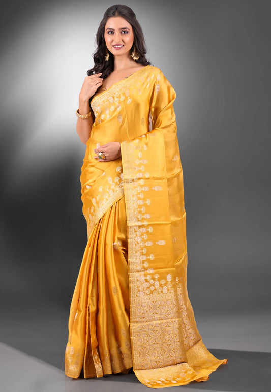 Mustard Yellow Mashru Silk Saree with Blouse Piece - Adi Akshoy & Co.