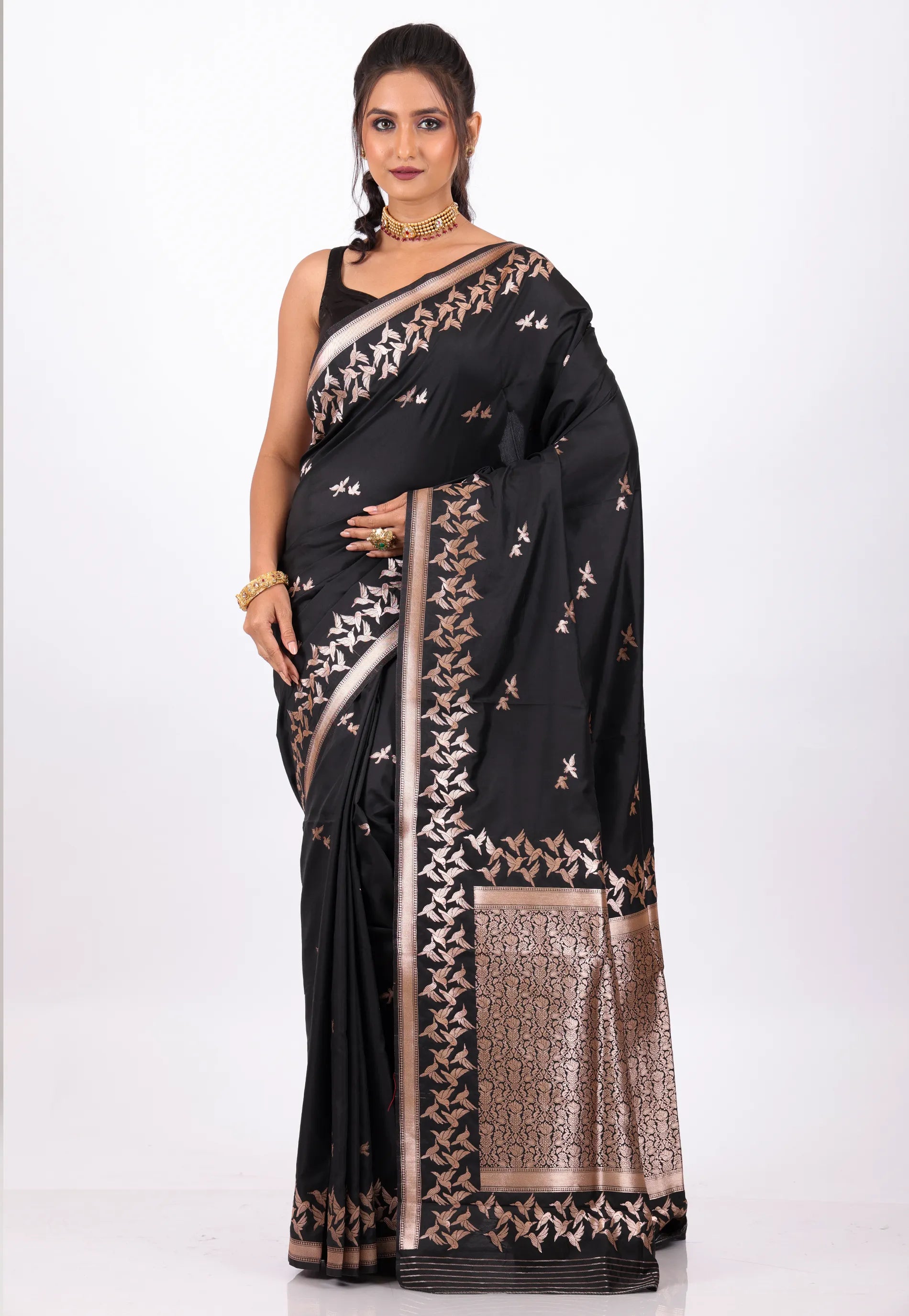 Black Katan with Golden Zari Work Silk Saree With Blouse Piece - Adi Akshoy & Co.