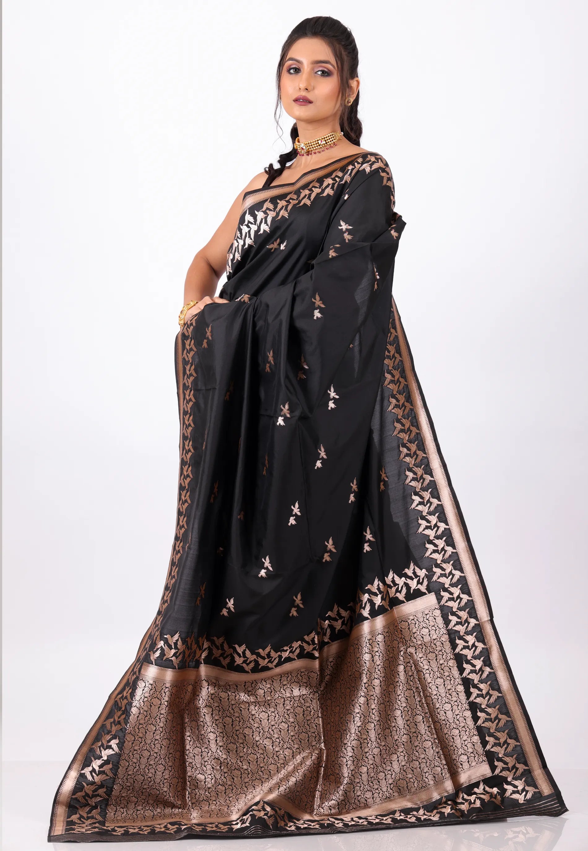 Black Katan with Golden Zari Work Silk Saree With Blouse Piece - Adi Akshoy & Co.