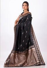 Black Katan with Golden Zari Work Silk Saree With Blouse Piece - Adi Akshoy & Co.