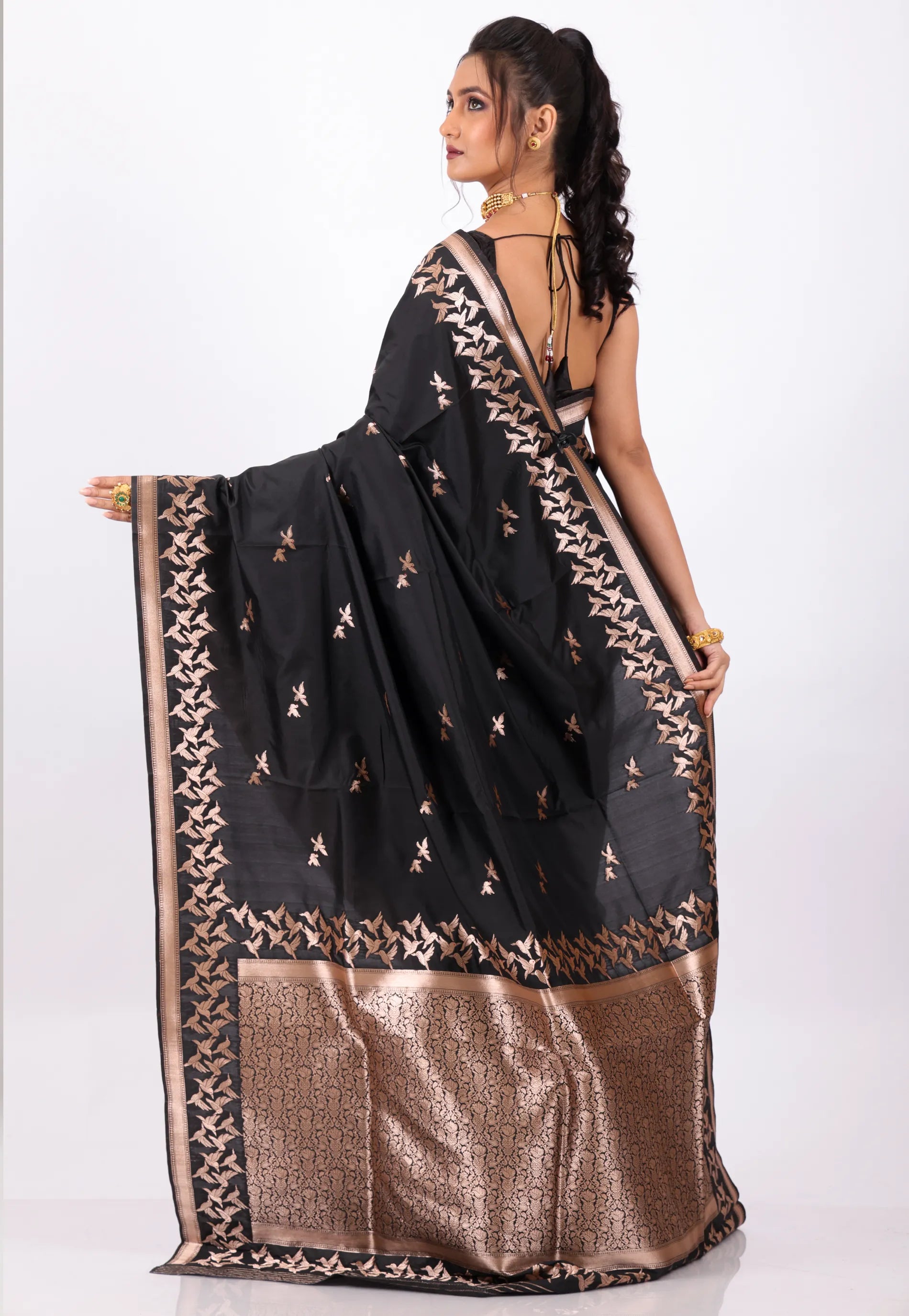 Black Katan with Golden Zari Work Silk Saree With Blouse Piece - Adi Akshoy & Co.