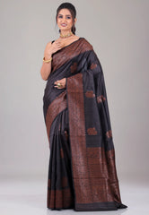 Black Pure Tussar Silk with Copper Border with Blouse Piece - Adi Akshoy & Co.
