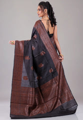 Black Pure Tussar Silk with Copper Border with Blouse Piece - Adi Akshoy & Co.