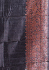 Black Pure Tussar Silk with Copper Border with Blouse Piece - Adi Akshoy & Co.