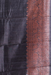 Black Pure Tussar Silk with Copper Border with Blouse Piece - Adi Akshoy & Co.