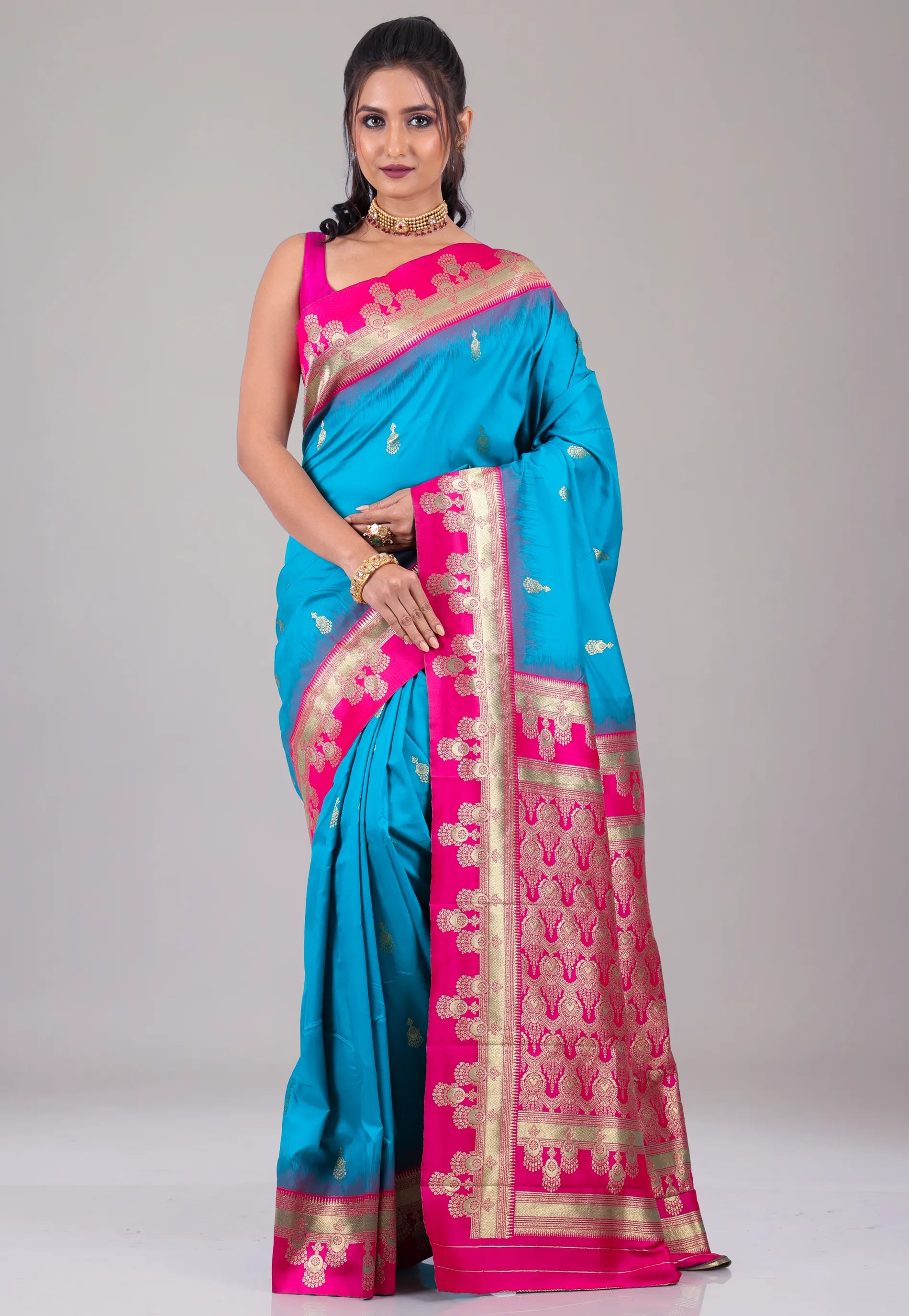 Feroza Blue Kanjivaram Silk Saree With Blouse Piece - Adi Akshoy & Co.