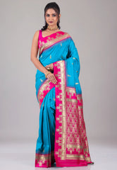 Feroza Blue Kanjivaram Silk Saree With Blouse Piece - Adi Akshoy & Co.