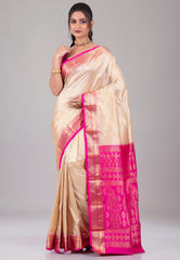 Beige with Rani Golden Zari work Border Pure Kanjivaram Silk Saree With Blouse Piece - Adi Akshoy & Co.