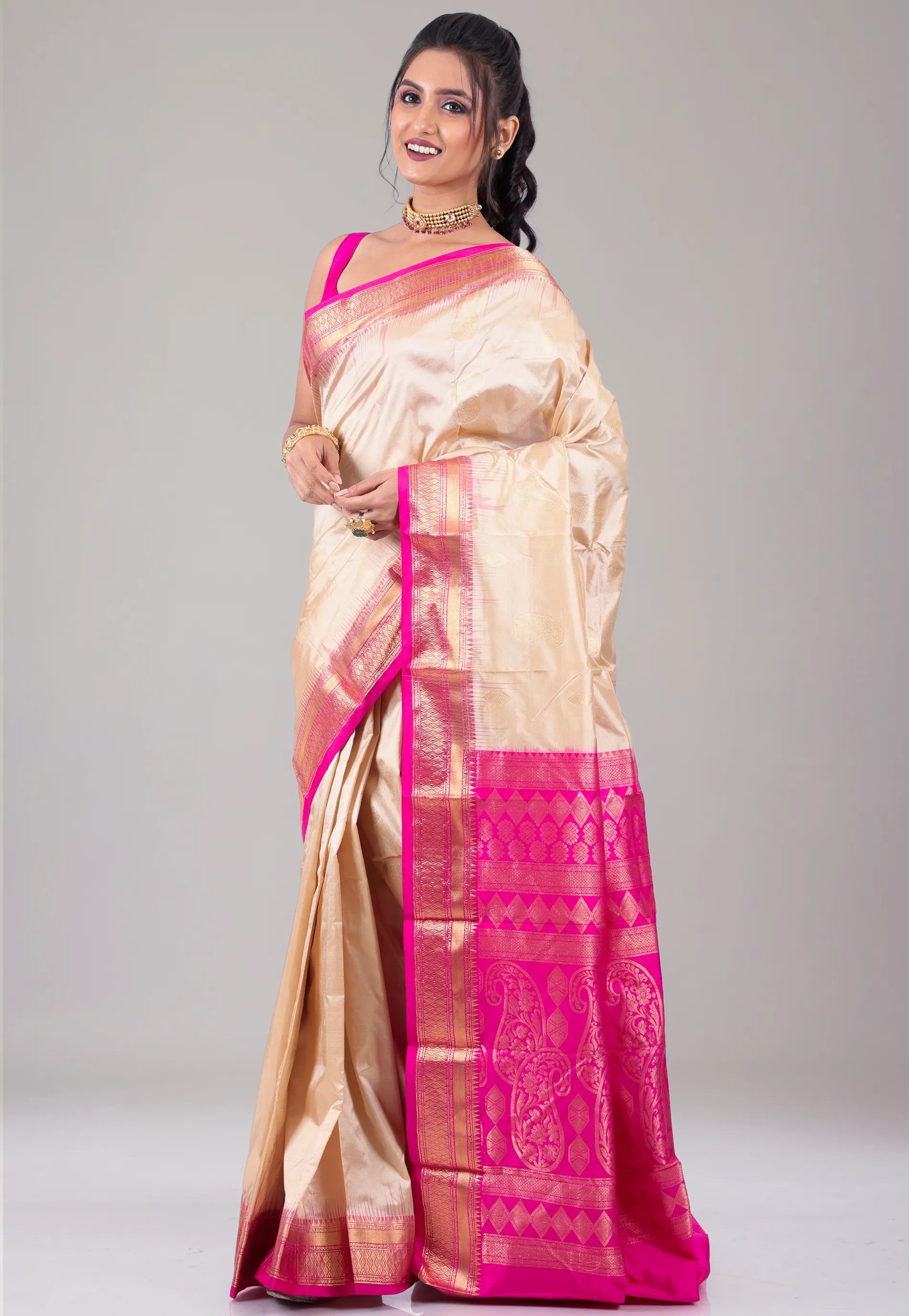 Beige with Rani Golden Zari work Border Pure Kanjivaram Silk Saree With Blouse Piece - Adi Akshoy & Co.