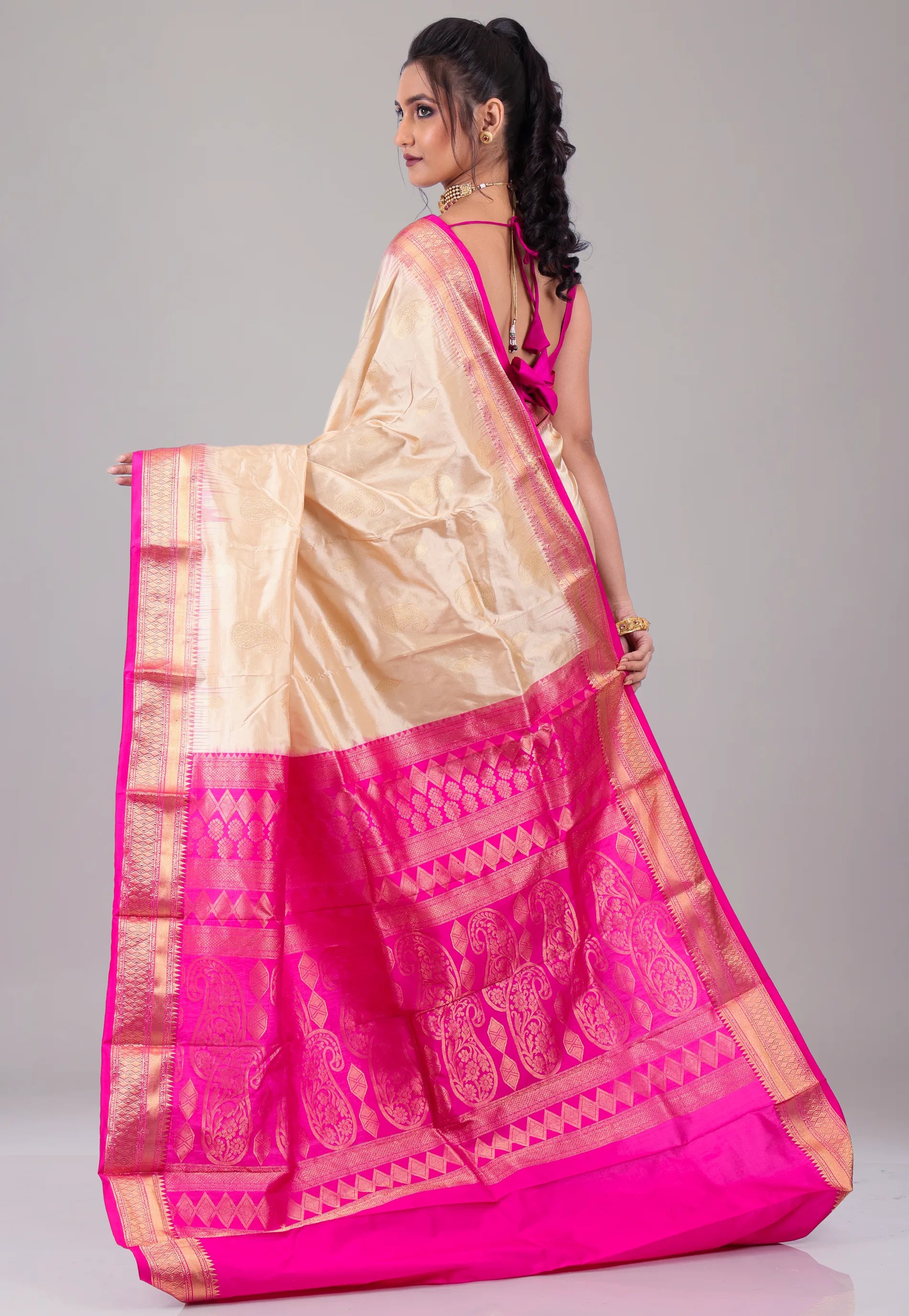 Beige with Rani Golden Zari work Border Pure Kanjivaram Silk Saree With Blouse Piece - Adi Akshoy & Co.