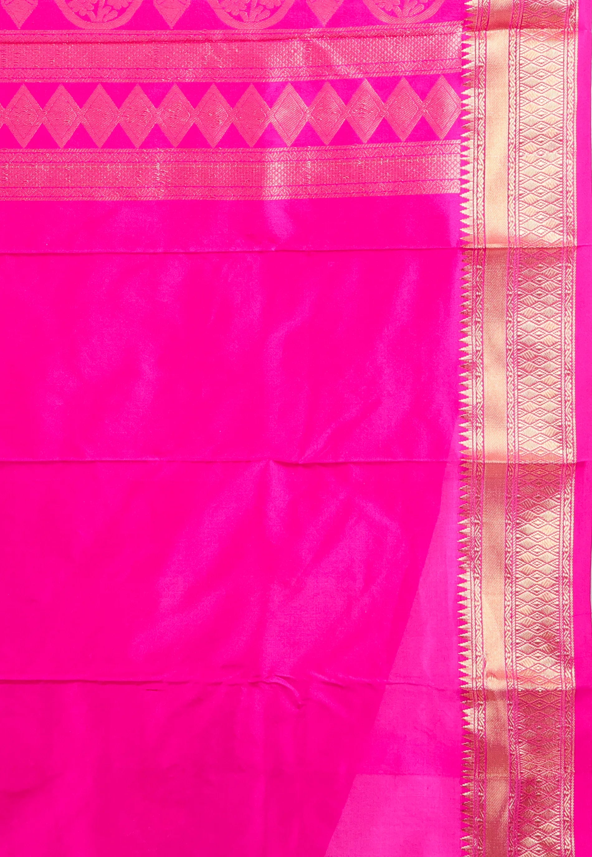 Beige with Rani Golden Zari work Border Pure Kanjivaram Silk Saree With Blouse Piece - Adi Akshoy & Co.