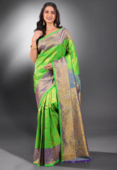 Parrot Green with Golden Border Pure Gadwal Silk Saree With Blouse Piece - Adi Akshoy & Co.