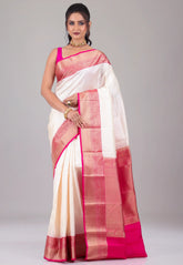 Cream White with Rani Border Pure Kanjivaram Silk Saree With Blouse Piece - Adi Akshoy & Co.