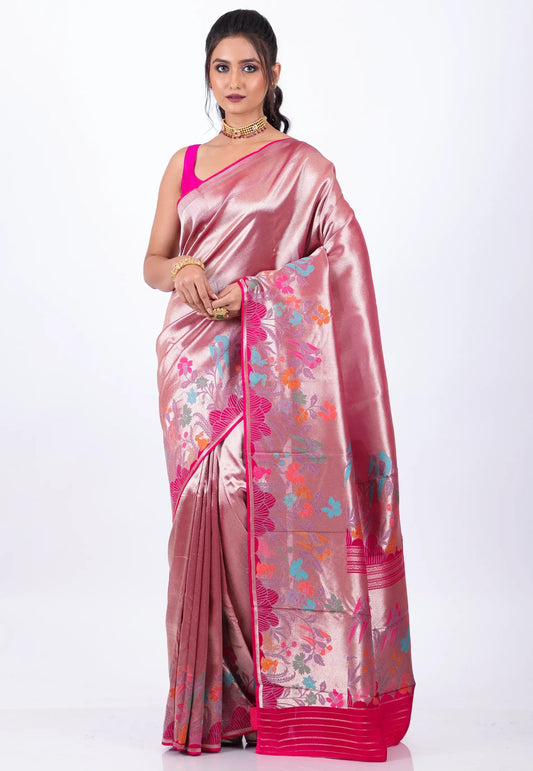 Pastel Pink Tissue Kanjivaram Silk Saree With Blouse Piece - Adi Akshoy & Co.
