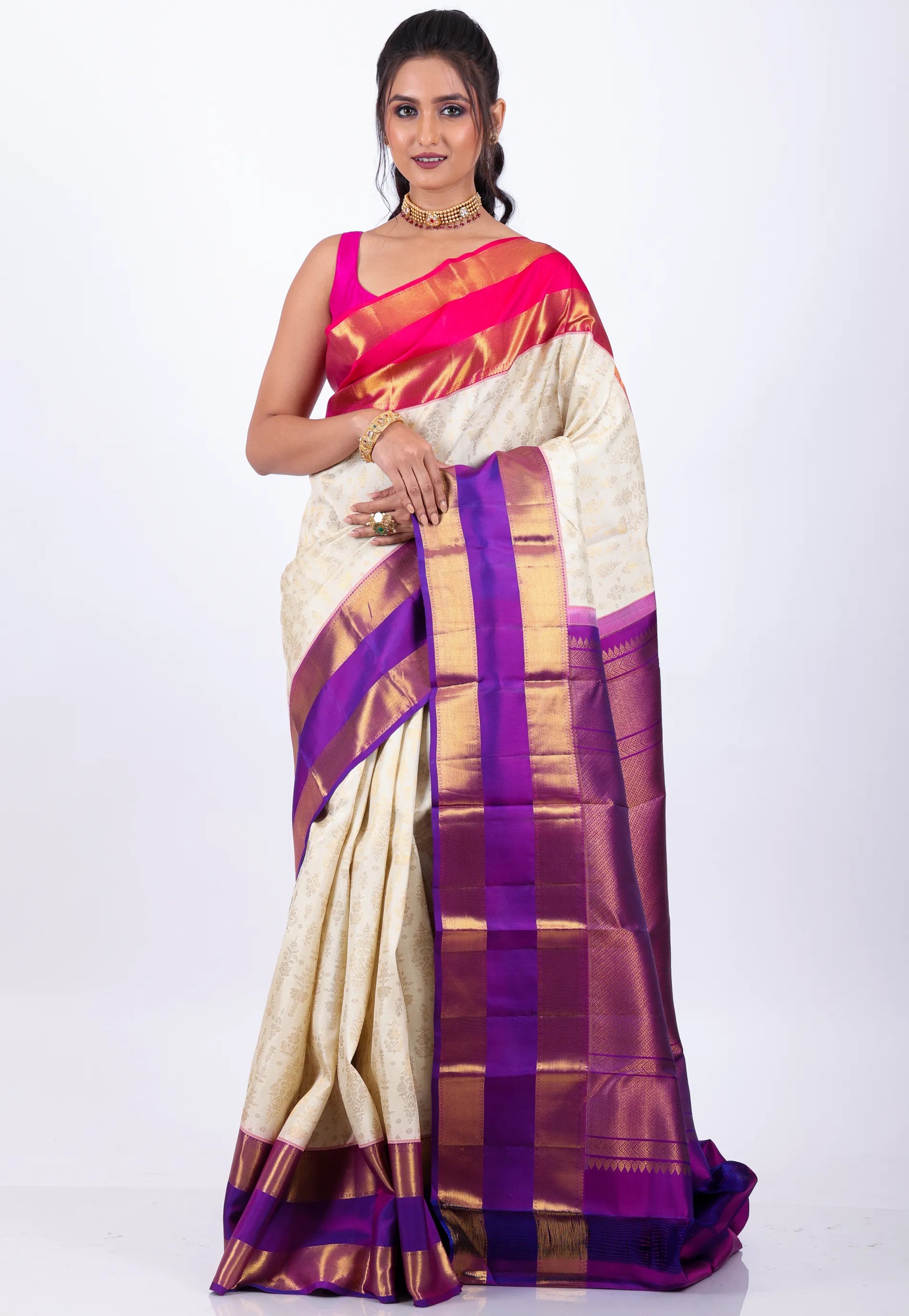 Off White with Rani & Purple Border Pure Kanjivaram Silk Saree With Blouse Piece - Adi Akshoy & Co.
