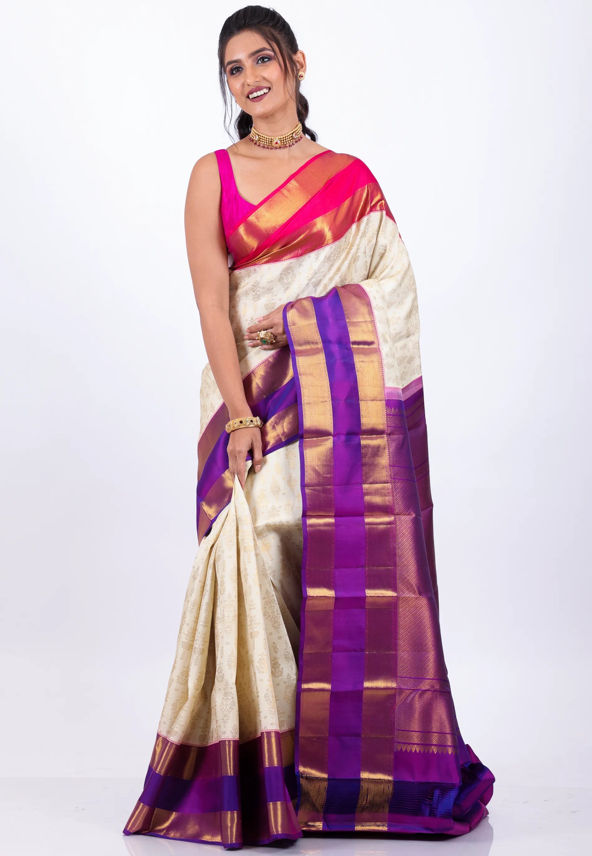 Off White with Rani & Purple Border Pure Kanjivaram Silk Saree With Blouse Piece - Adi Akshoy & Co.