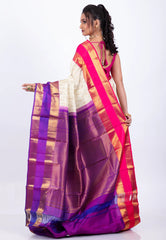 Off White with Rani & Purple Border Pure Kanjivaram Silk Saree With Blouse Piece - Adi Akshoy & Co.