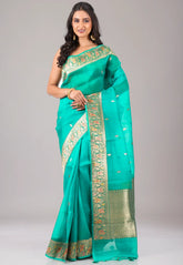 Turquoise Green Pure Kora Silk Saree With Blouse Piece - Adi Akshoy & Co.