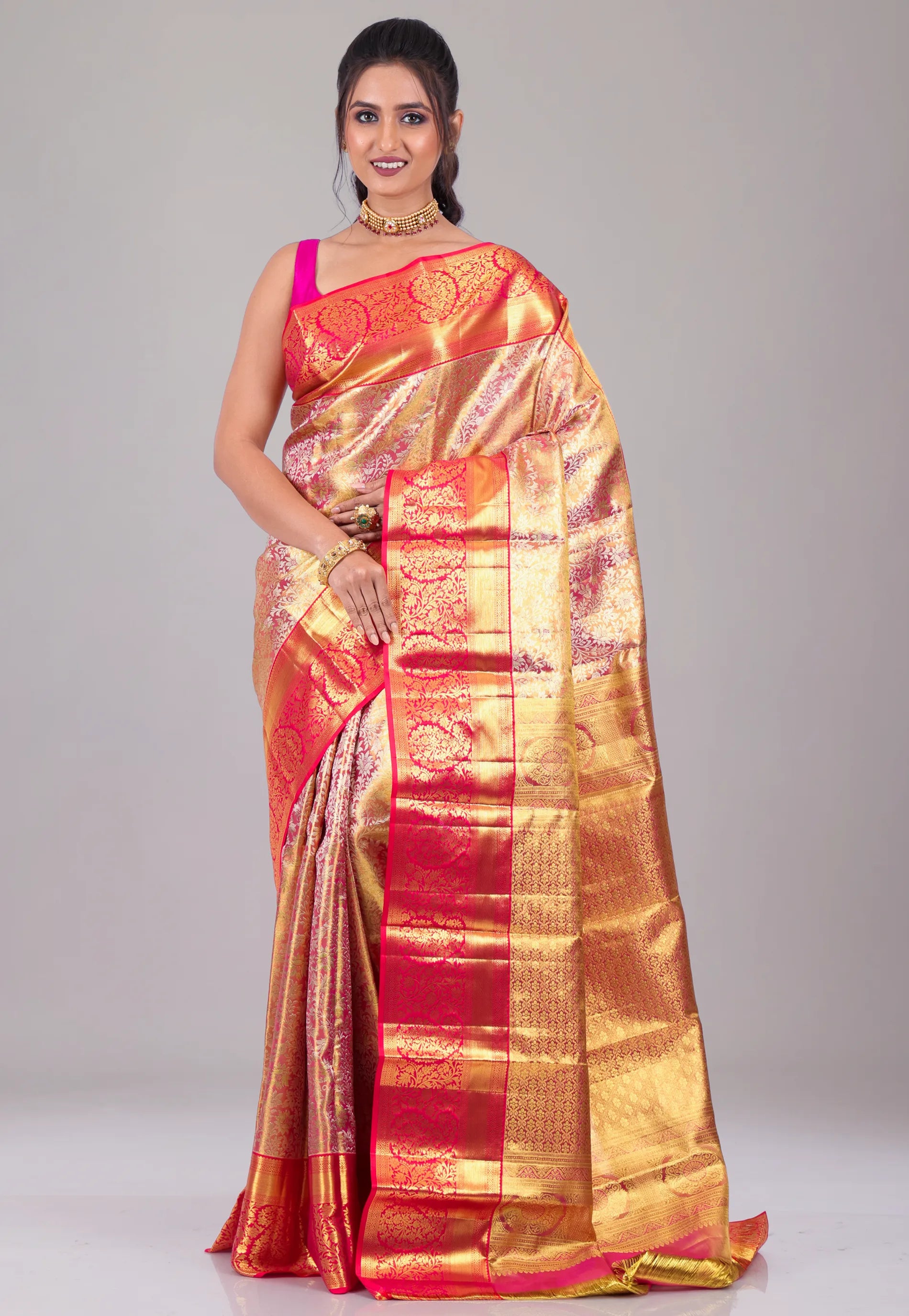 Light Pink with Golden Rani Zari work Border Tissue Kanjivaram Pure Silk Saree With Blouse Piece
