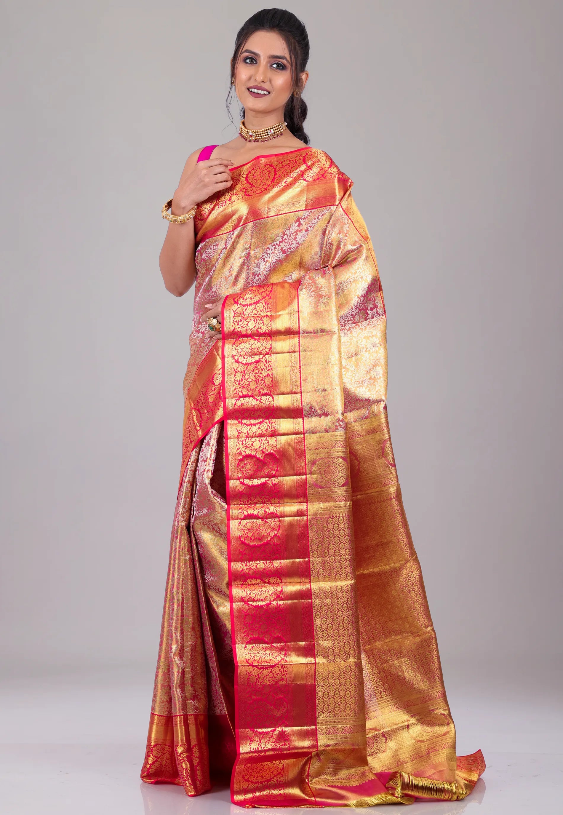 Light Pink with Golden Rani Zari work Border Tissue Kanjivaram Pure Silk Saree With Blouse Piece