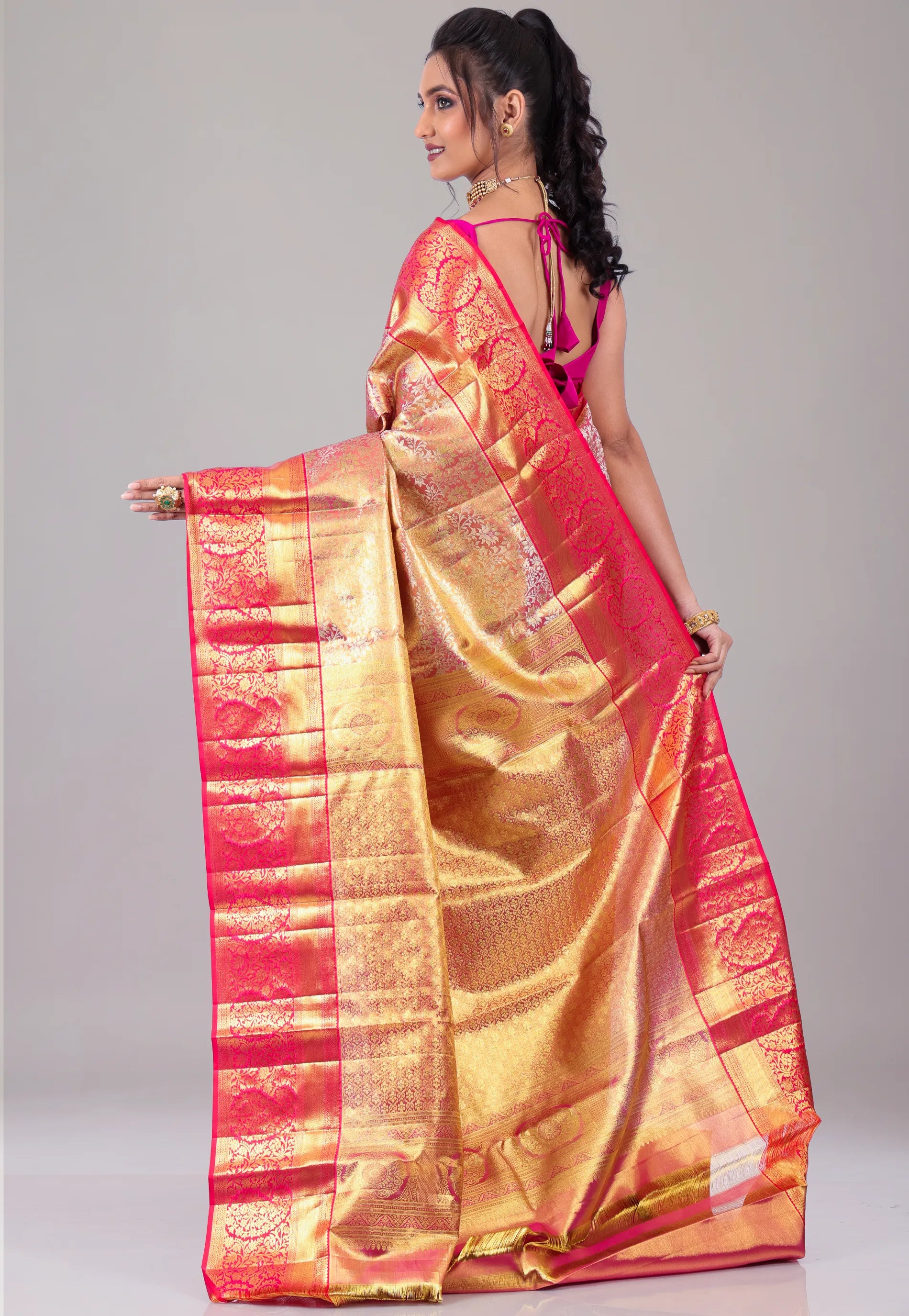 Light Pink with Golden Rani Zari work Border Tissue Kanjivaram Pure Silk Saree With Blouse Piece
