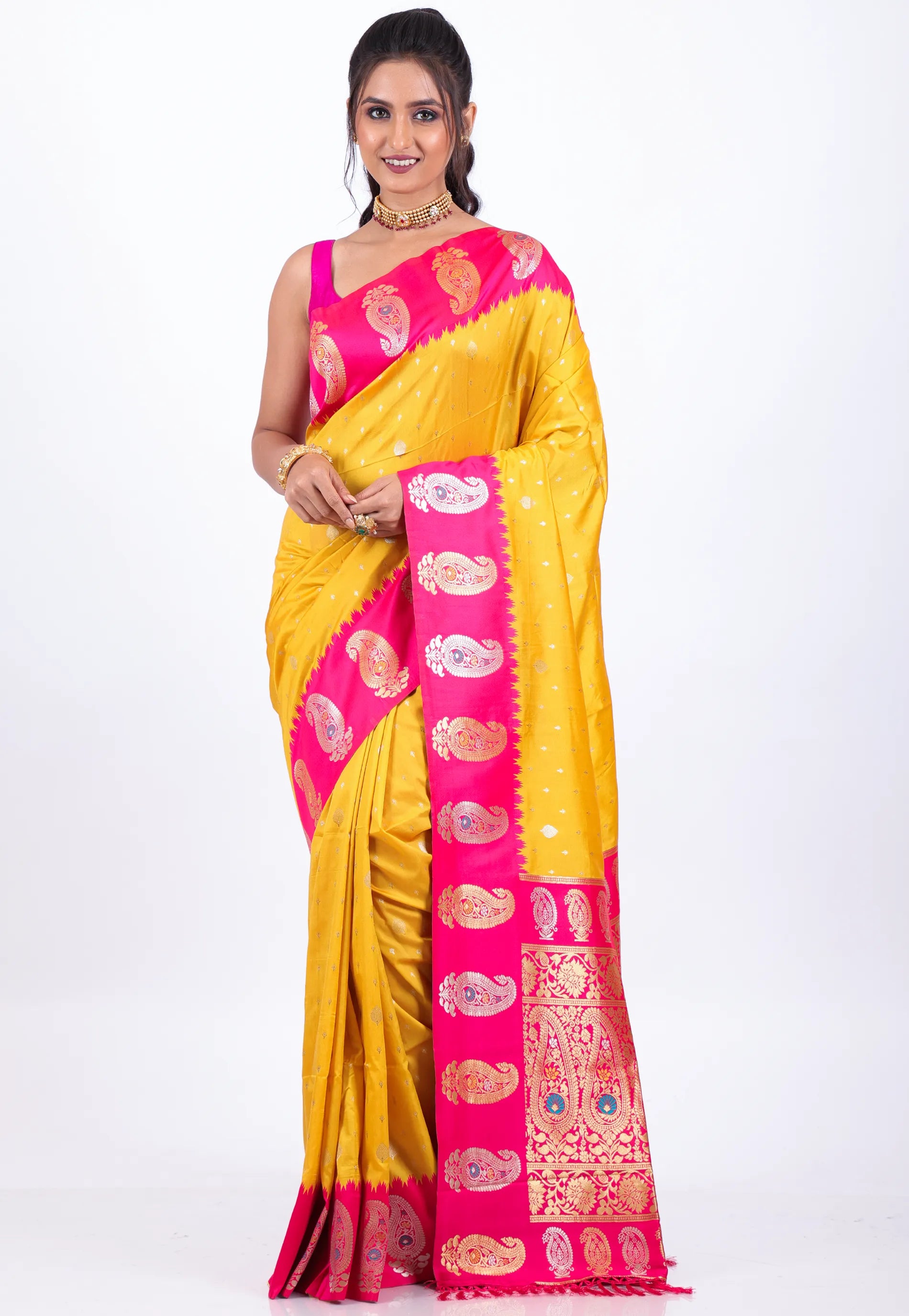 Yellow Katan with Zari work with Rani Border Silk Saree With Blouse Piece - Adi Akshoy & Co.
