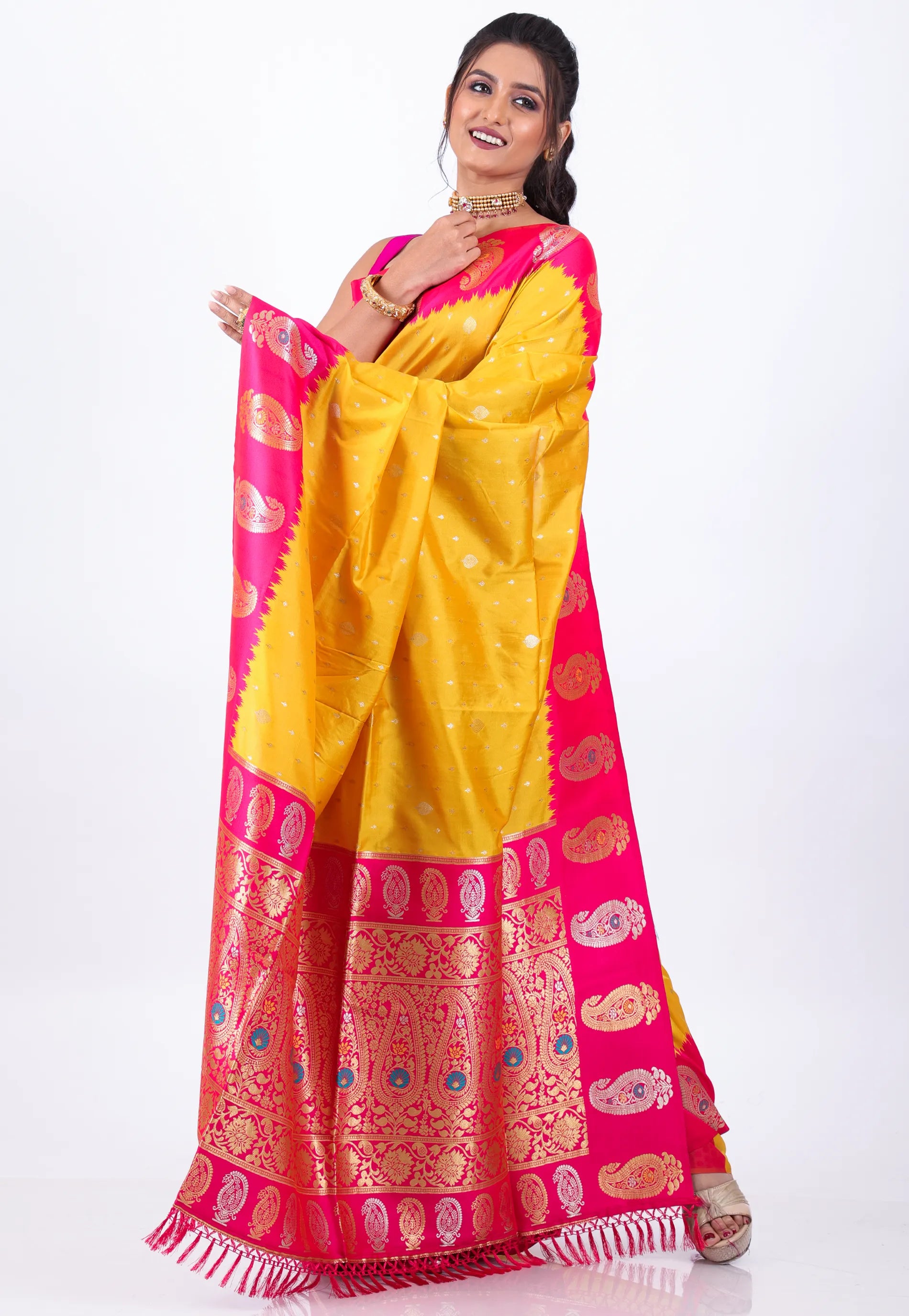 Yellow Katan with Zari work with Rani Border Silk Saree With Blouse Piece - Adi Akshoy & Co.