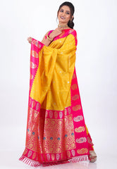 Yellow Katan with Zari work with Rani Border Silk Saree With Blouse Piece - Adi Akshoy & Co.
