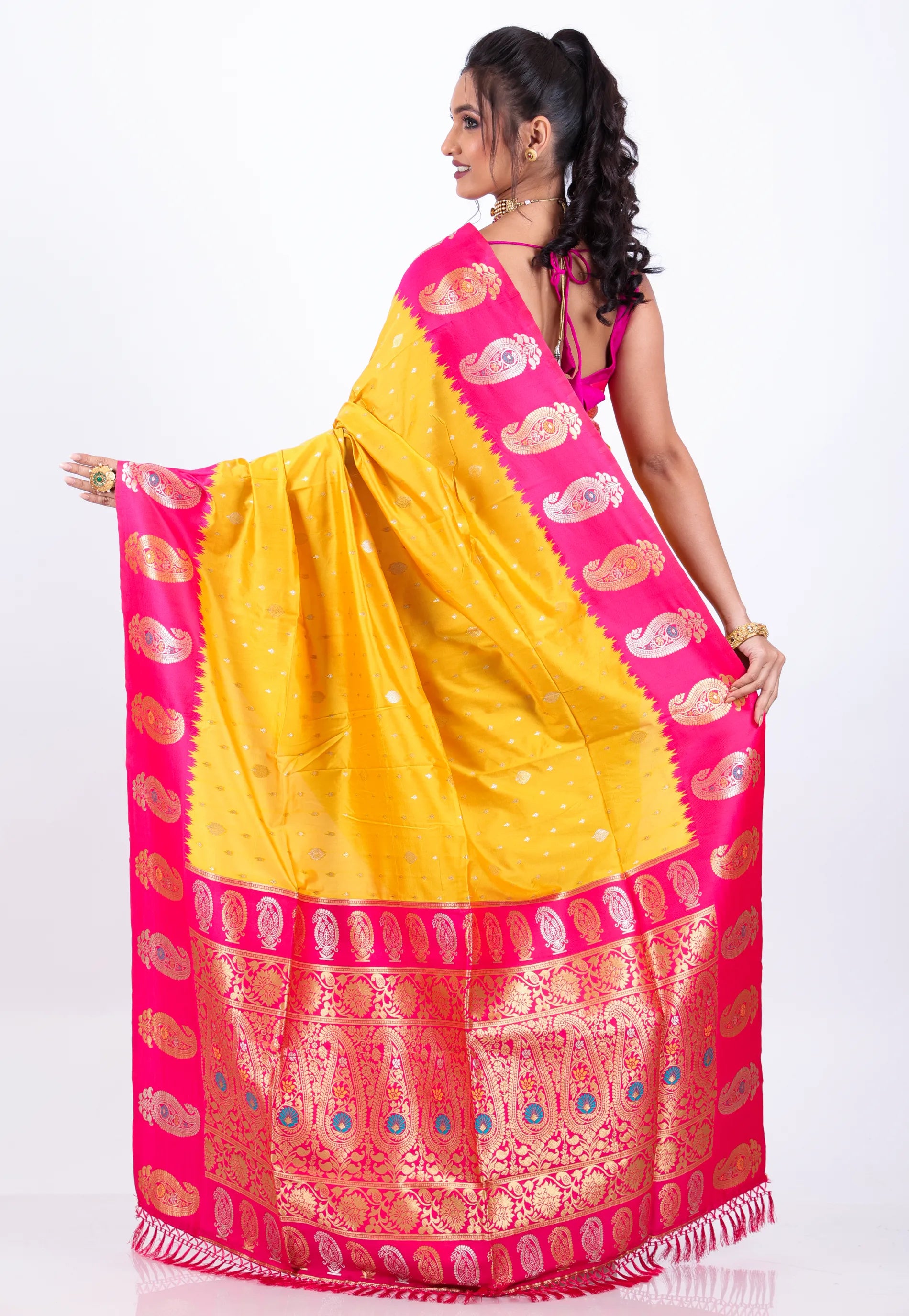 Yellow Katan with Zari work with Rani Border Silk Saree With Blouse Piece - Adi Akshoy & Co.