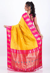 Yellow Katan with Zari work with Rani Border Silk Saree With Blouse Piece - Adi Akshoy & Co.