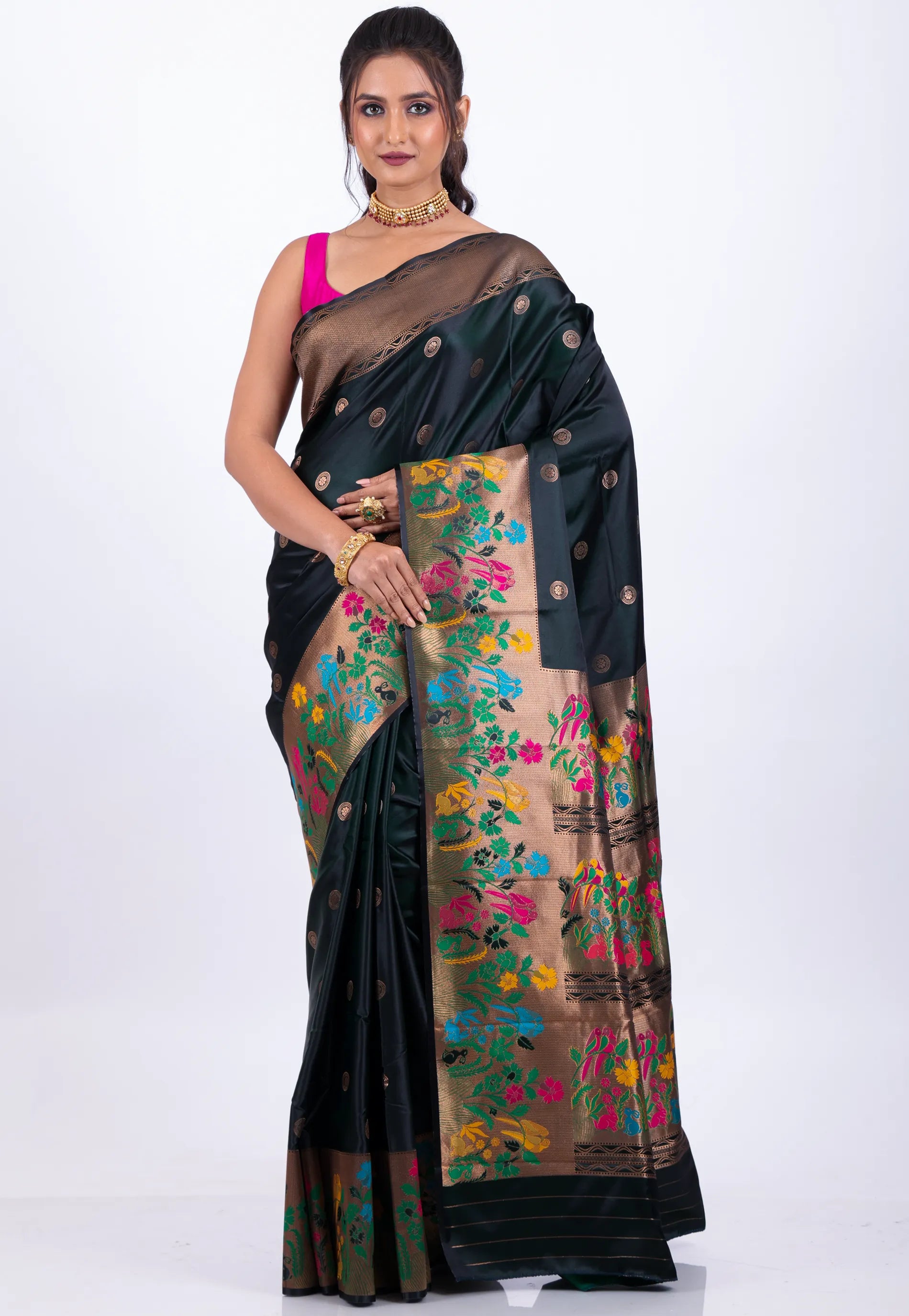 Black Mashru with Zari Work Silk Saree with blouse Piece - Adi Akshoy & Co.