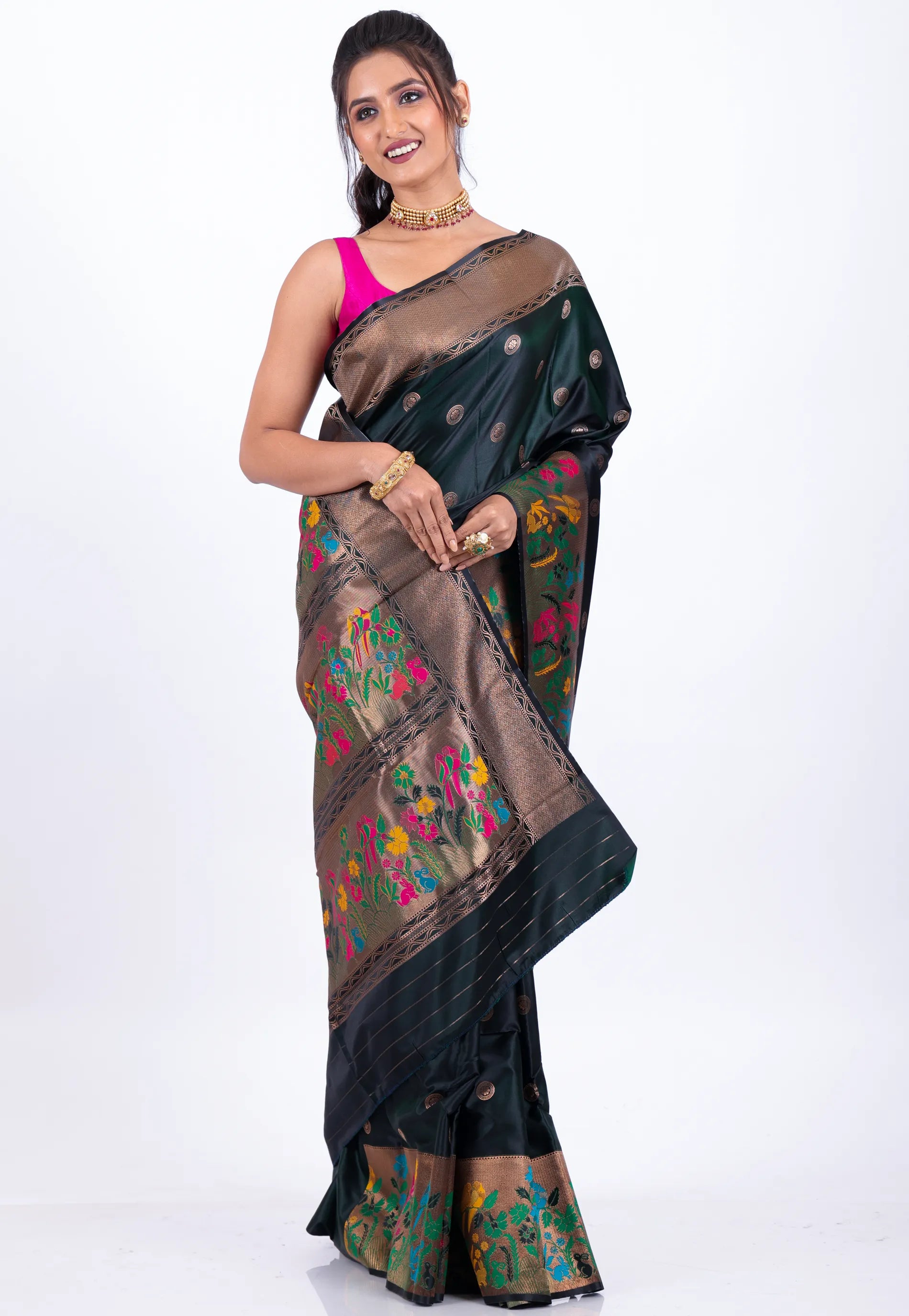 Black Mashru with Zari Work Silk Saree with blouse Piece - Adi Akshoy & Co.