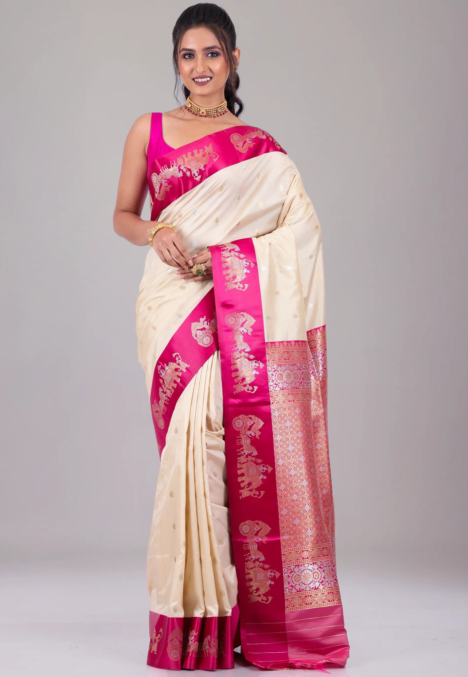 Beige with Rani Border Mashru Silk Saree with Blouse Piece - Adi Akshoy & Co.