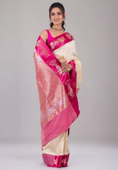Beige with Rani Border Mashru Silk Saree with Blouse Piece - Adi Akshoy & Co.
