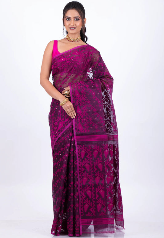 Magenta Dhakai Jamdani Cotton Saree without Blouse Piece - Adi Akshoy & Co.