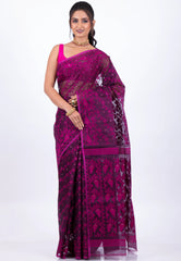 Magenta Dhakai Jamdani Cotton Saree without Blouse Piece - Adi Akshoy & Co.