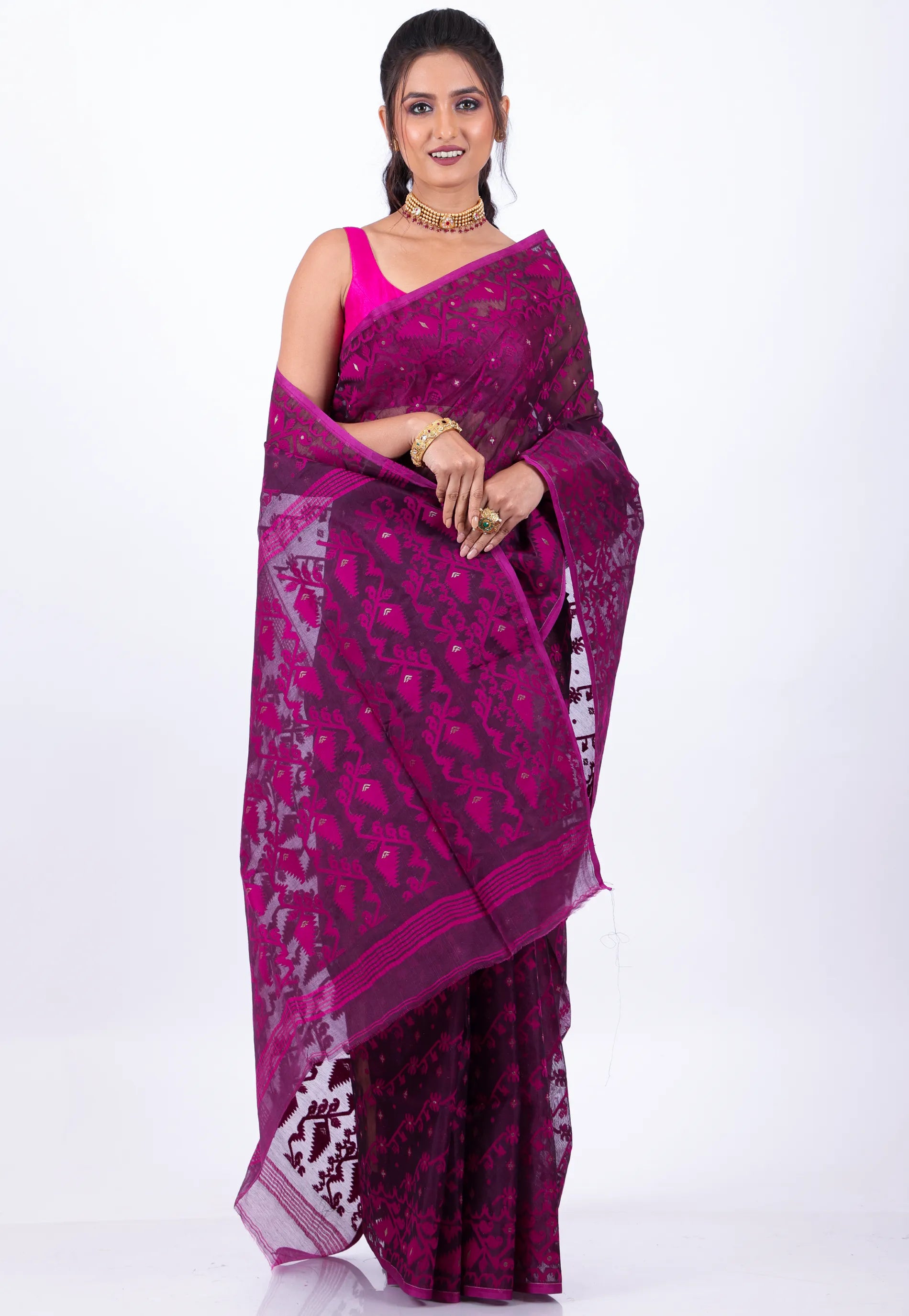 Magenta Dhakai Jamdani Cotton Saree without Blouse Piece - Adi Akshoy & Co.