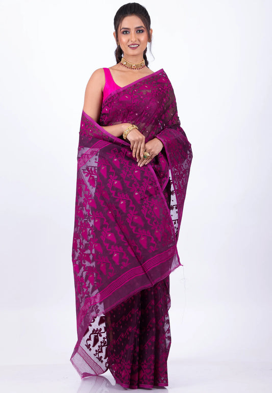 Magenta Dhakai Jamdani Cotton Saree without Blouse Piece - Adi Akshoy & Co.