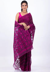 Magenta Dhakai Jamdani Cotton Saree without Blouse Piece - Adi Akshoy & Co.