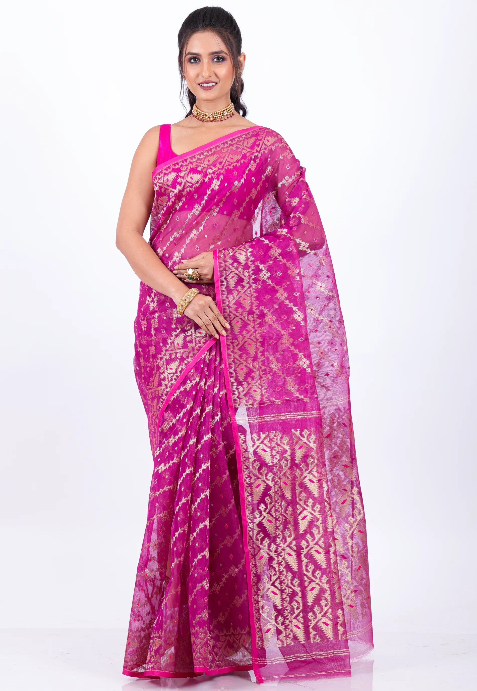 Rani Dhakai Jamdani Cotton Saree without Blouse Piece - Adi Akshoy & Co.