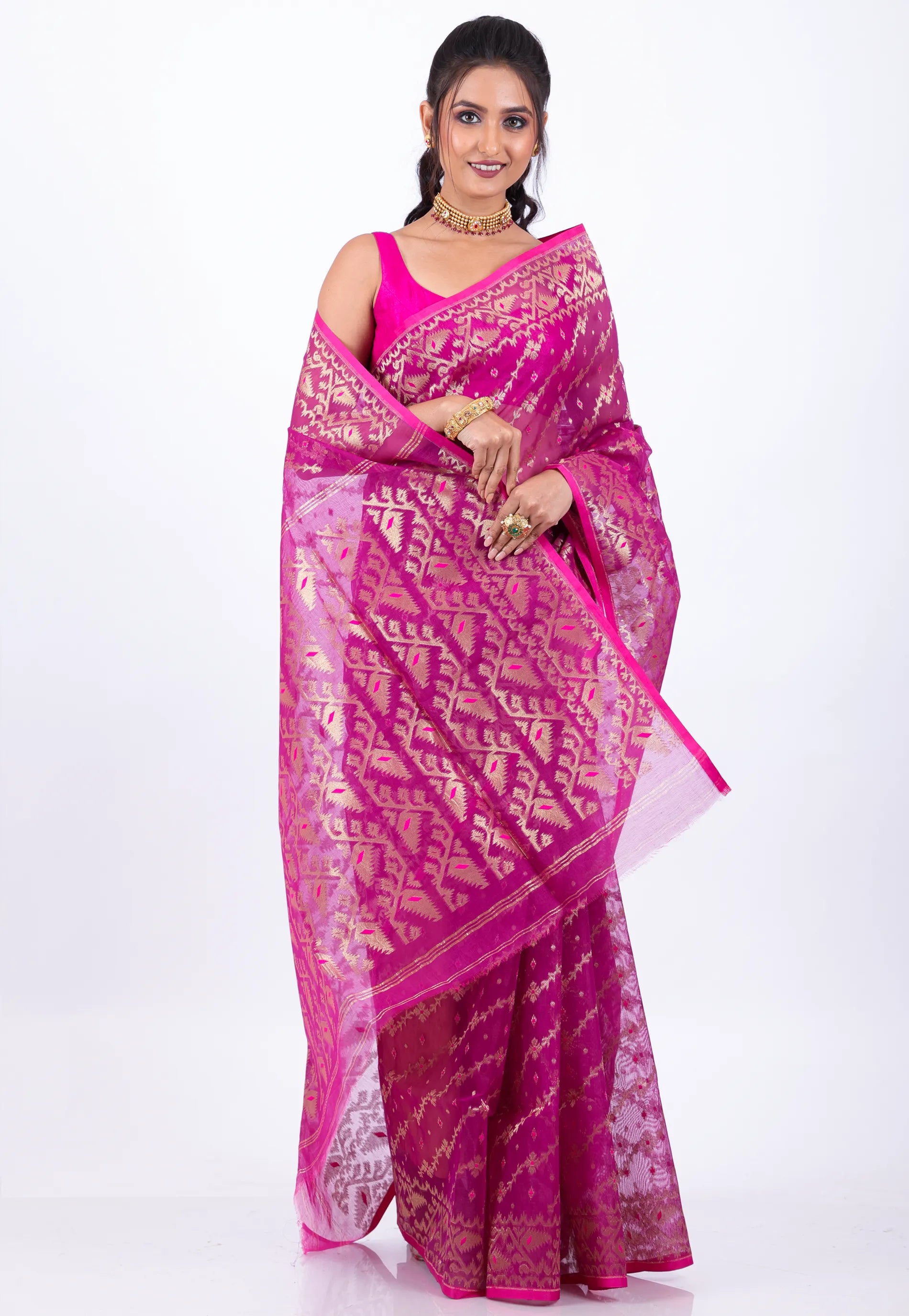 Rani Dhakai Jamdani Cotton Saree without Blouse Piece - Adi Akshoy & Co.