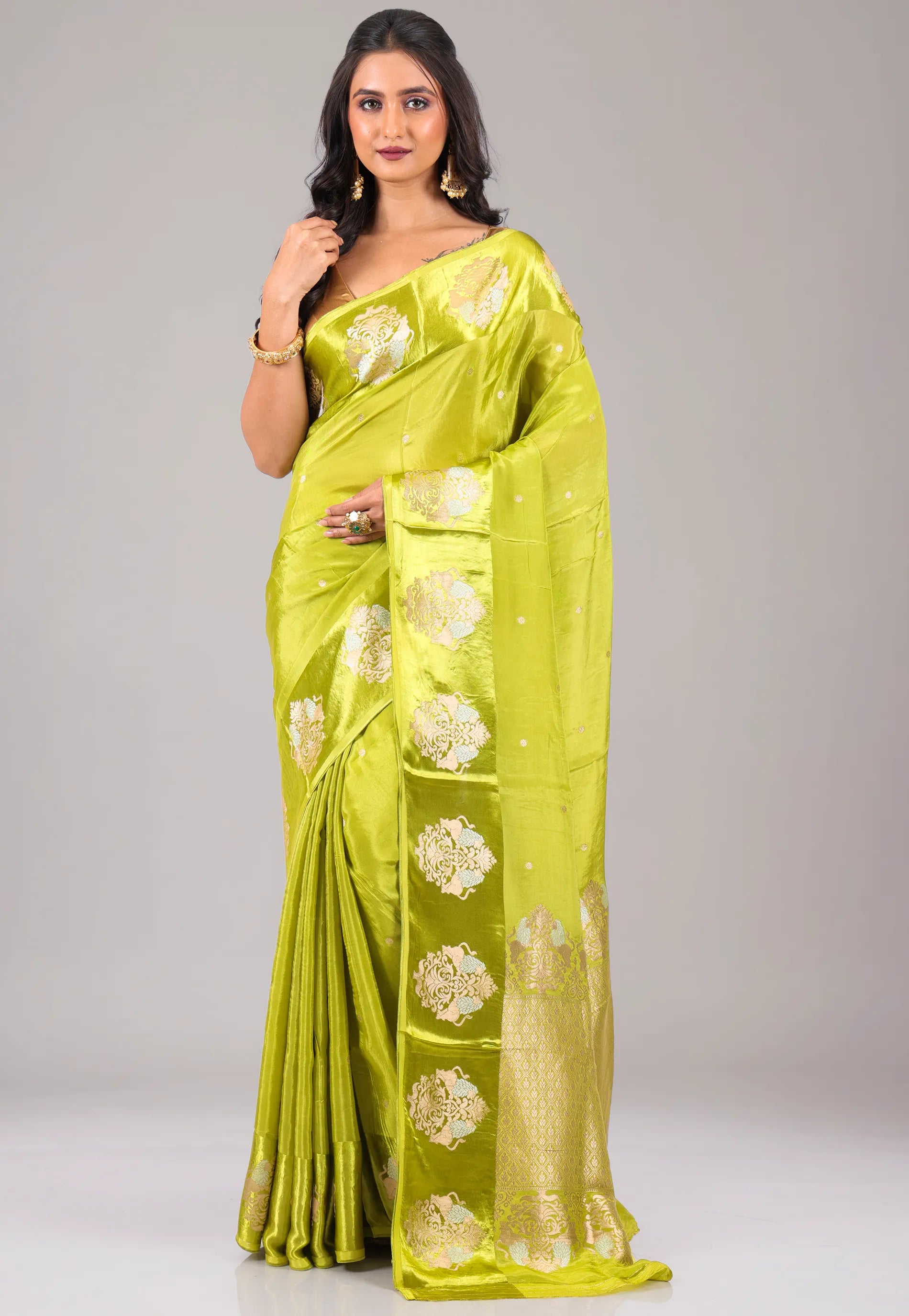 Lime Green Mashru Silk Saree with Blouse Piece - Adi Akshoy & Co.