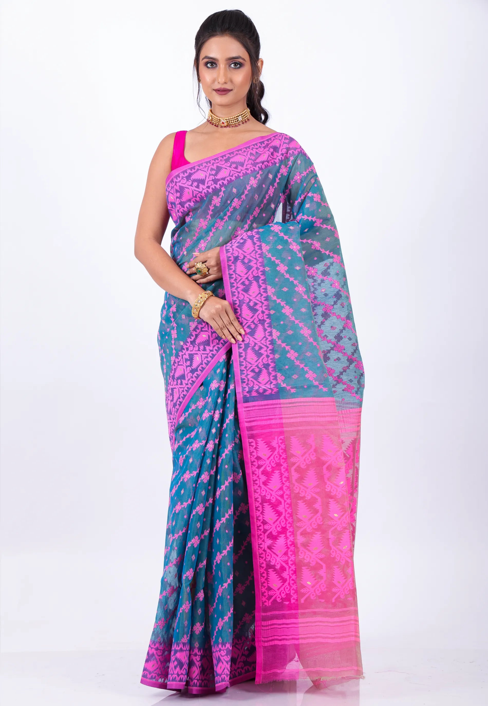 Blue Dhakai Jamdani Cotton Saree without Blouse Piece - Adi Akshoy & Co.