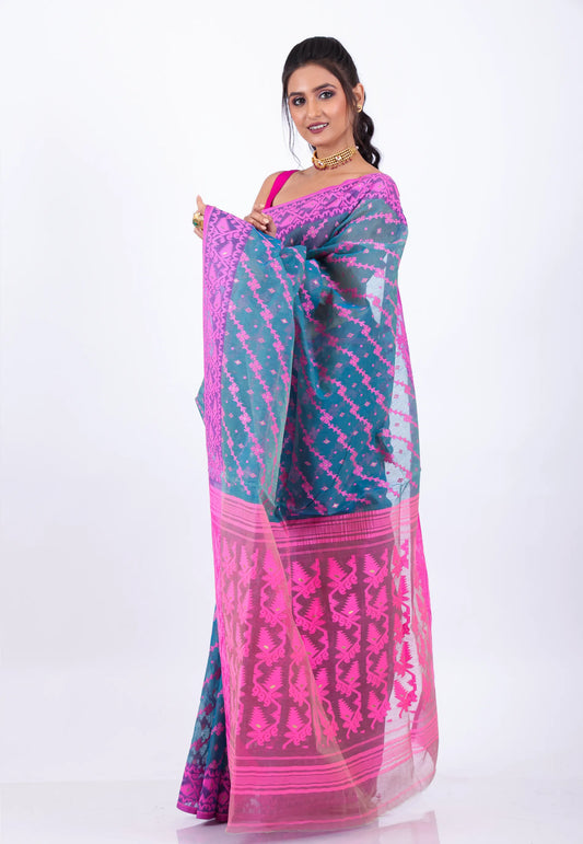 Blue Dhakai Jamdani Cotton Saree without Blouse Piece - Adi Akshoy & Co.