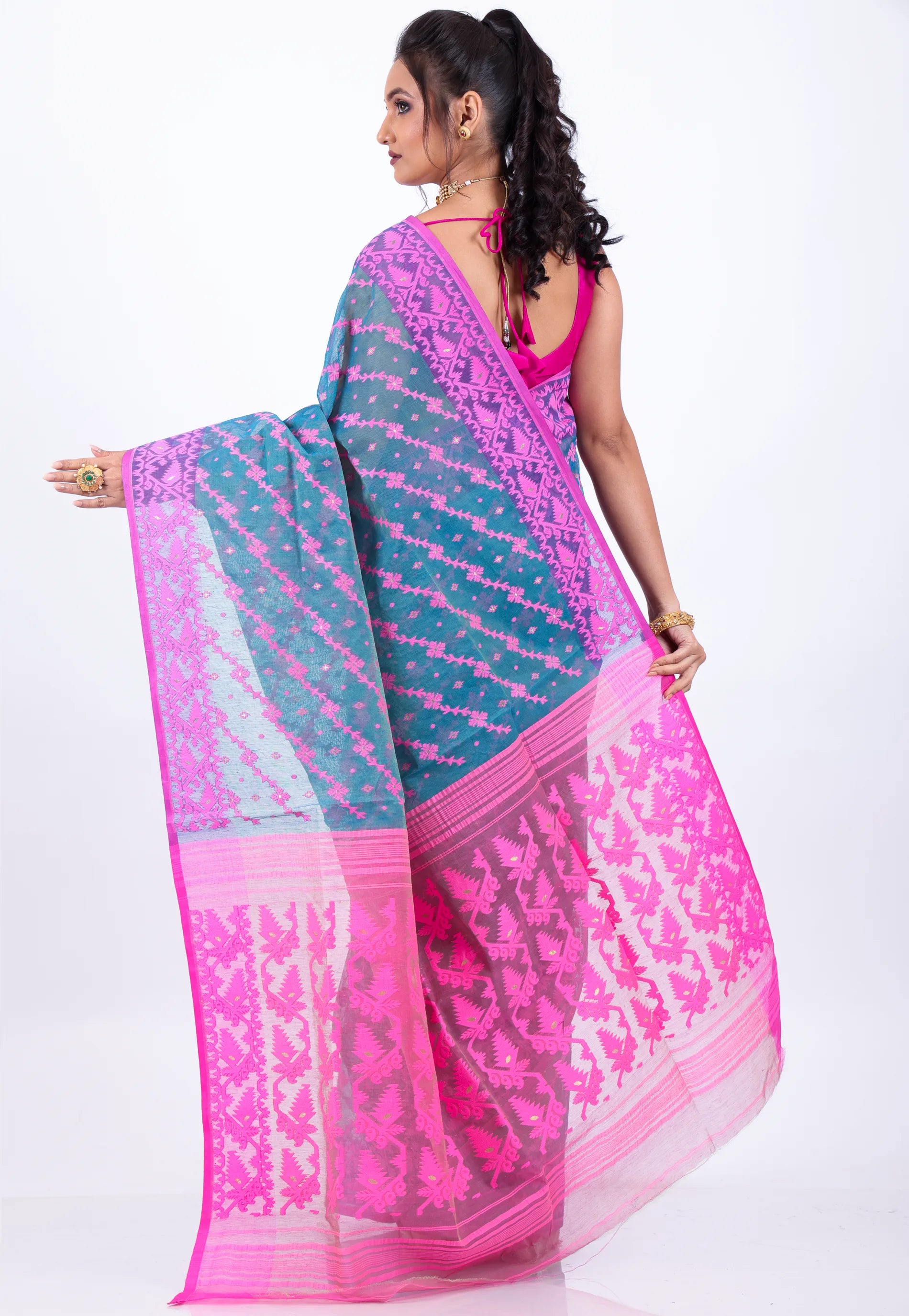 Blue Dhakai Jamdani Cotton Saree without Blouse Piece - Adi Akshoy & Co.