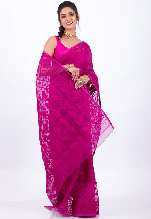 Magenta Dhakai Jamdani Cotton Saree without Blouse Piece - Adi Akshoy & Co.