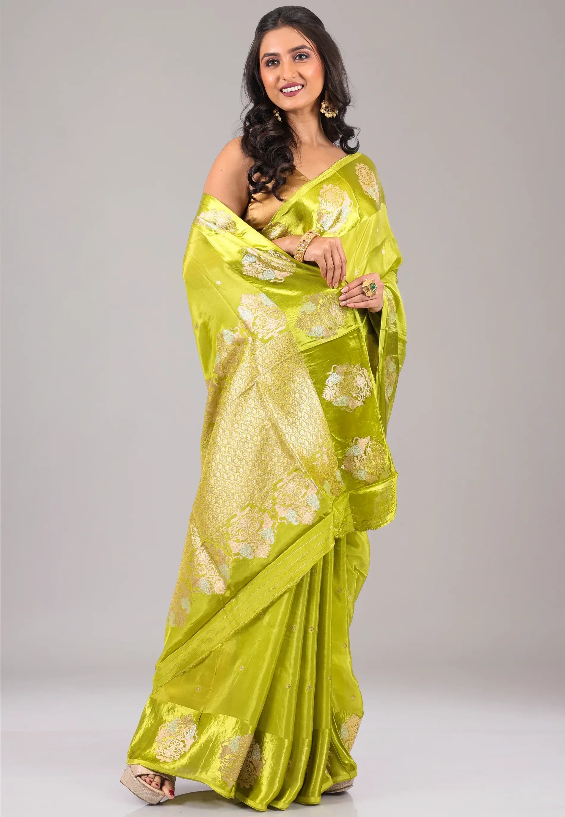 Lime Green Mashru Silk Saree with Blouse Piece - Adi Akshoy & Co.