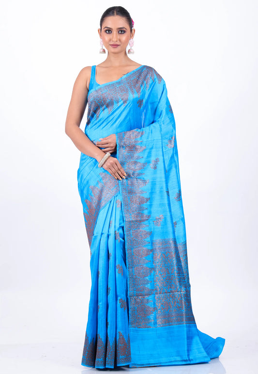 Feroza Blue Pure Tussar Silk with Blouse Piece - Adi Akshoy & Co.