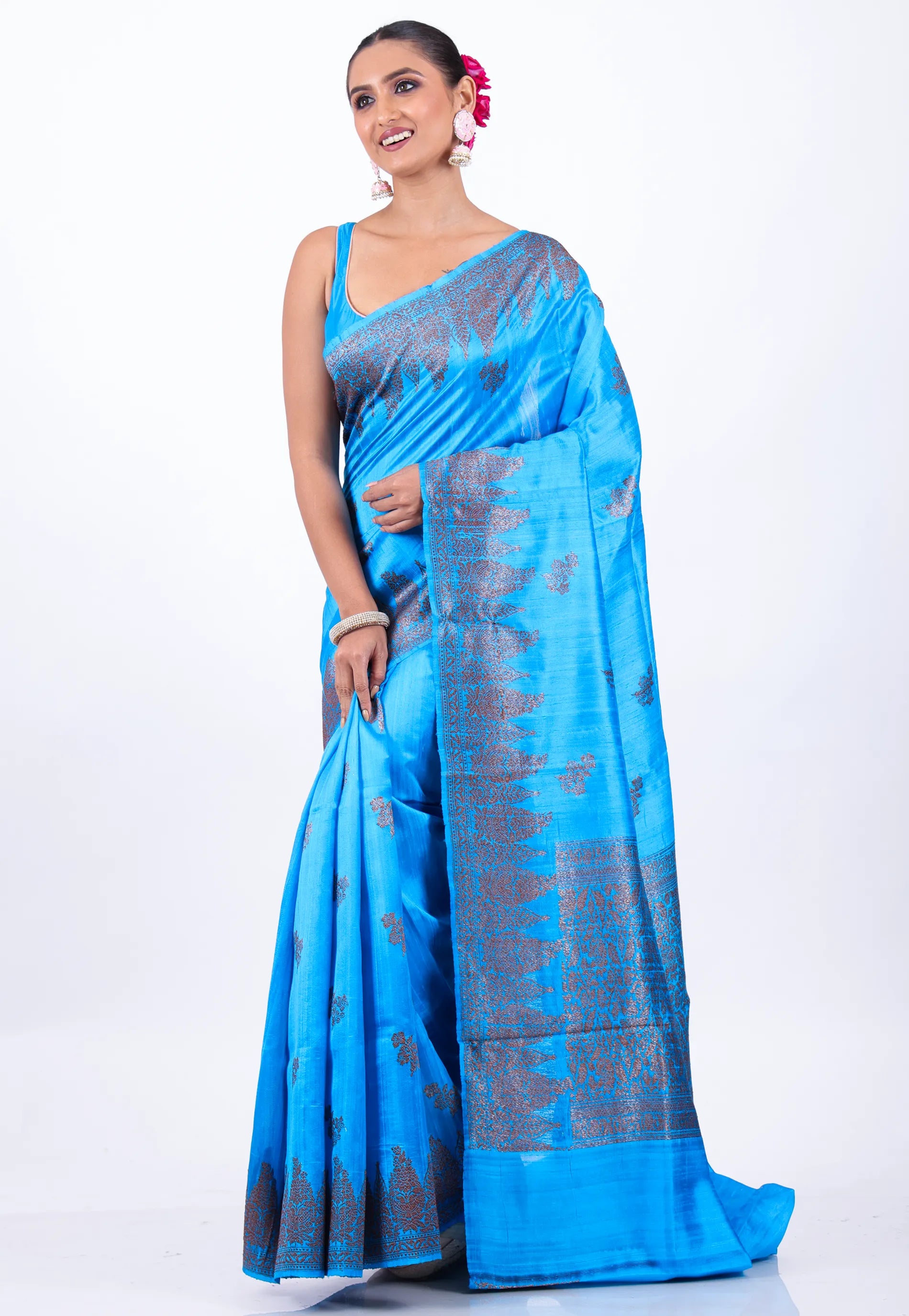 Feroza Blue Pure Tussar Silk with Blouse Piece - Adi Akshoy & Co.